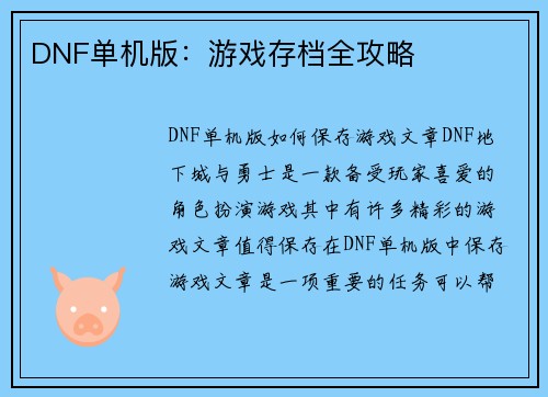 DNF单机版：游戏存档全攻略
